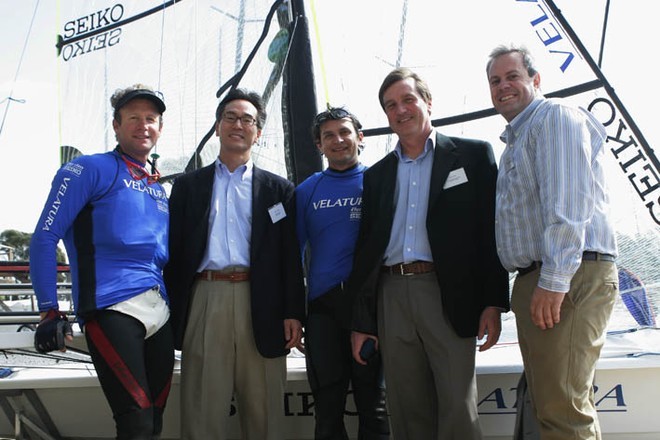 SEIKO Velatura 49er crew + SEIKO’. (L to R) = Mr Joe Dekock (Crew SEIKO 49er), Mr. Shun Tanaka (MD SEIKO Australia), Mr. Clynton Wade-Lehman (Skipper SEIKO 49er), Mr. Stuart Smith (Group Marketing Manager SEIKO Australia), Mr. Brett Neill (Group Sales Manager Oceania SEIKO Australia)  © Seiko